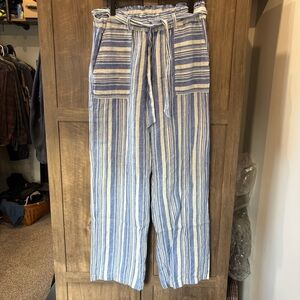 C&C California Large 100% Linen Striped Wide‎ Leg Pants Pull On belted